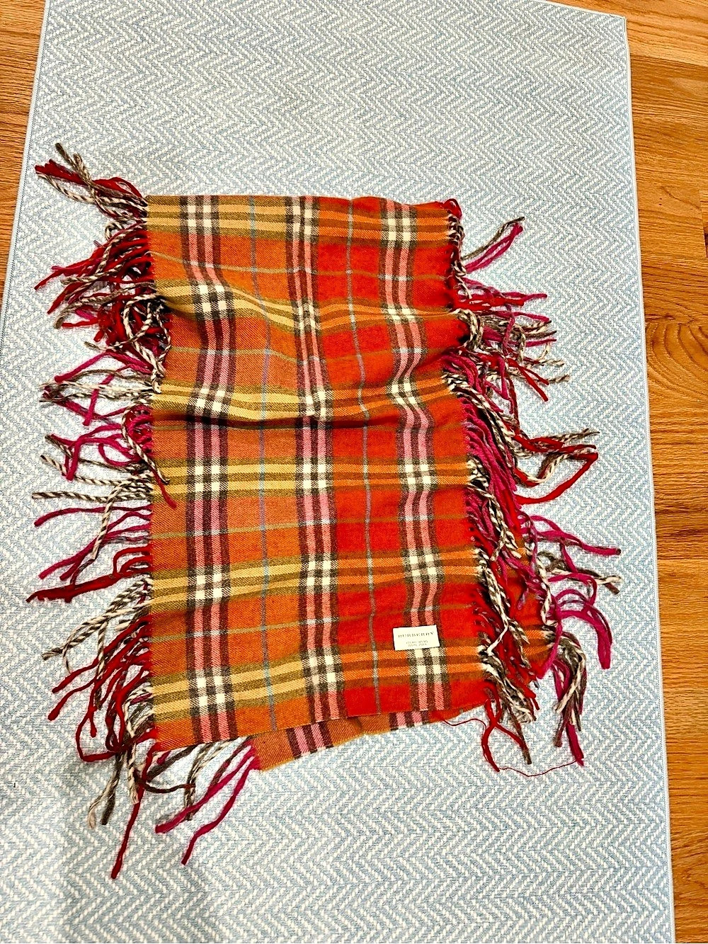Burberry Wool Cashmere Blend Check Scarf Orange & Pink/Red